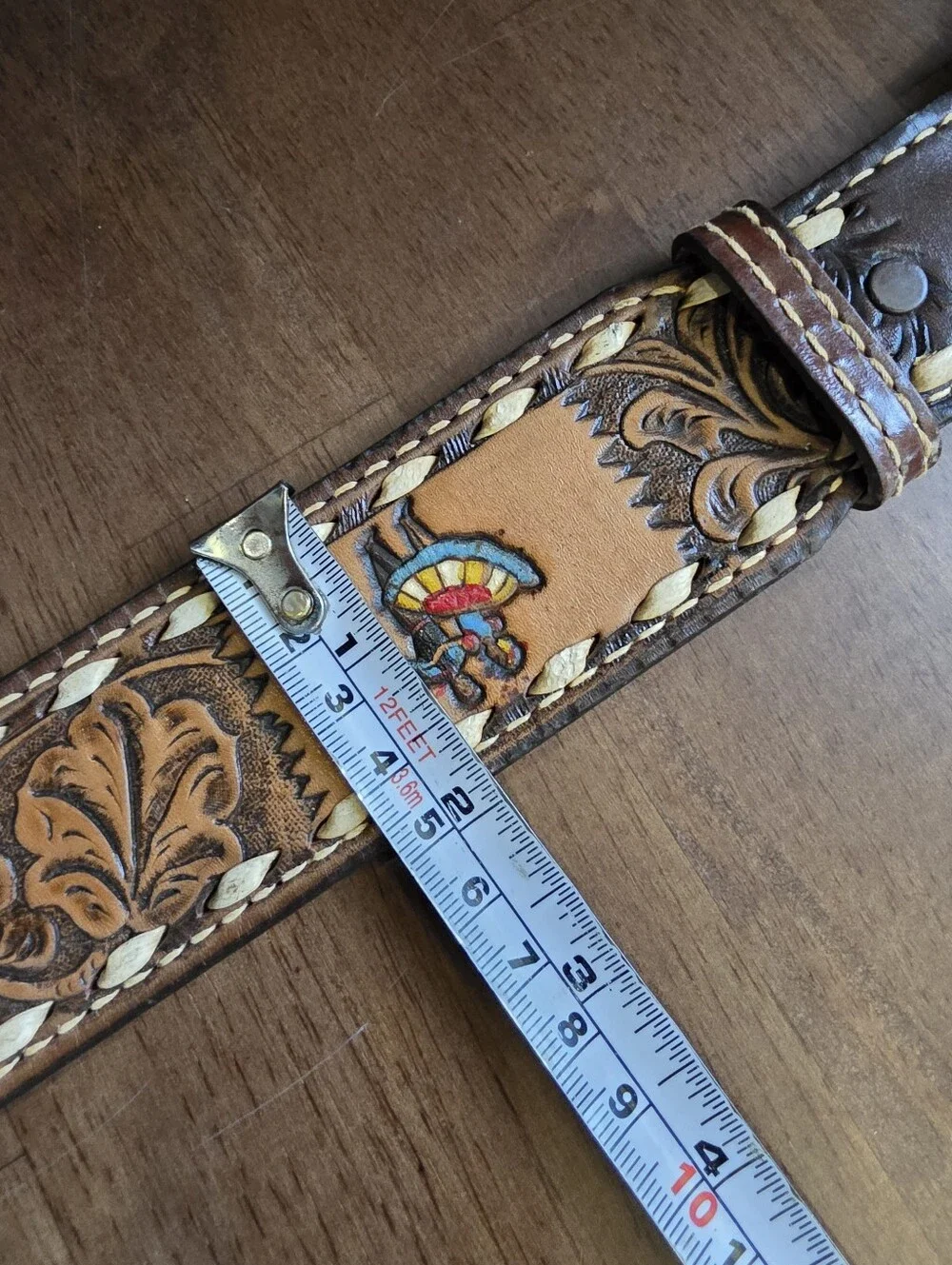 Vintage Nocona Hand Tooled Leather Western Belt Size 38 Buckstitch Agate Buckle